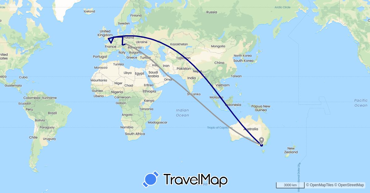 TravelMap itinerary: driving, plane in United Arab Emirates, Austria, Australia, Germany, France, United Kingdom, Netherlands (Asia, Europe, Oceania)